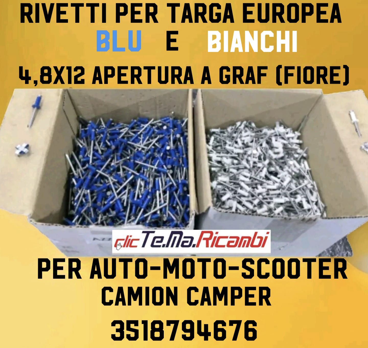 50 RIVETTI A FIORE fissaggio TARGA AUTO MOTO 4,8x12 COLORI BIANCHI 25 E BLU 25